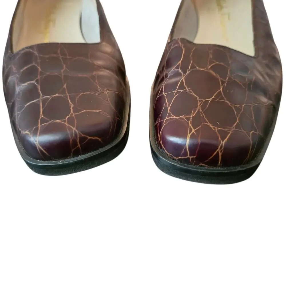 Vintage Salvatore Ferragamo Croc Embossed Low Wedge Loafer Shoes Brown 6 B Italy